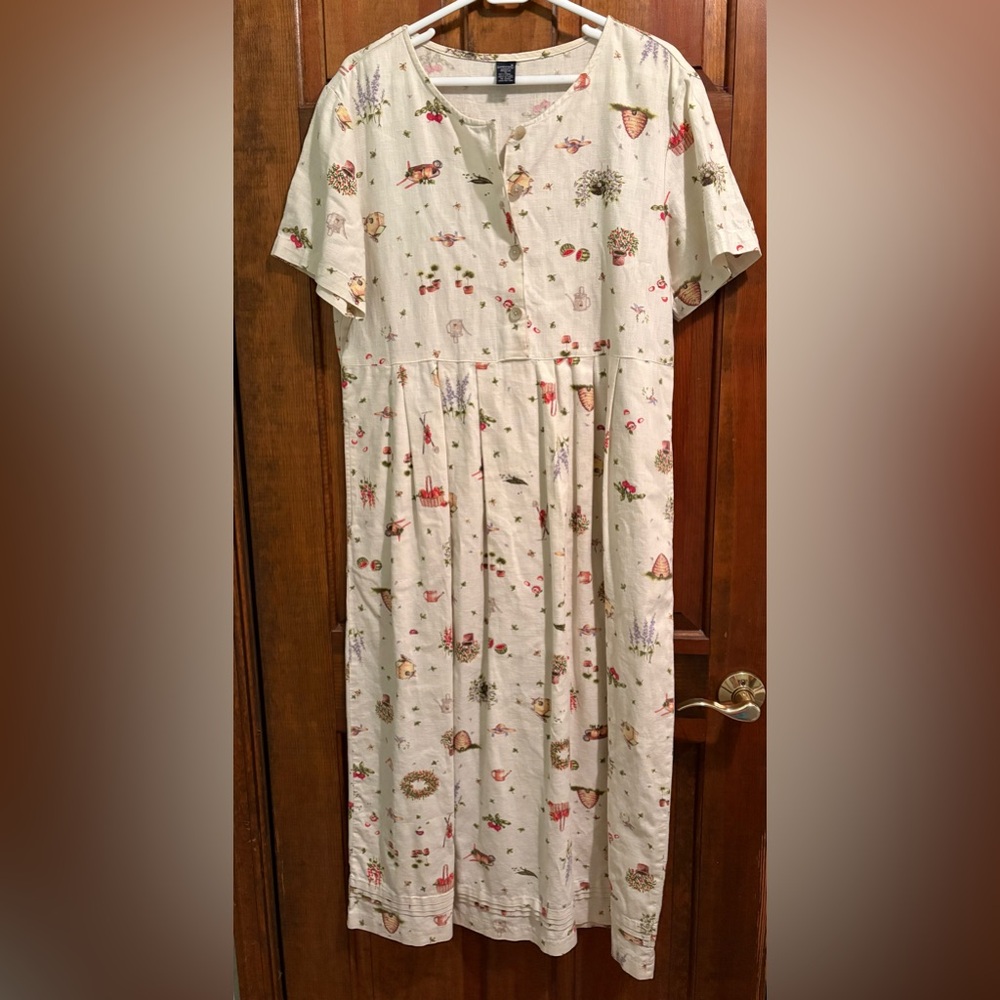 Lands’ End Garden Print Linen & Cotton Dress Size 14 Vintage